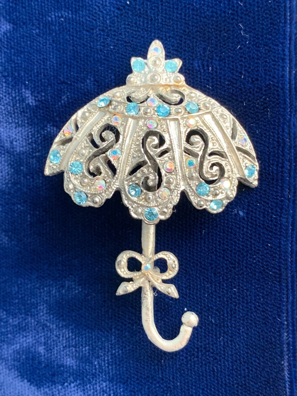 Vintage Rhinestone Umbrella Brooch with Blue Accents